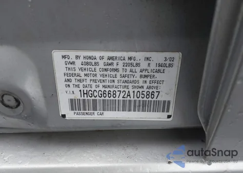 2002 Honda Accord 2.3 Ex/2.3 Se из США, поврежденный, VIN 1HGCG66872A105867